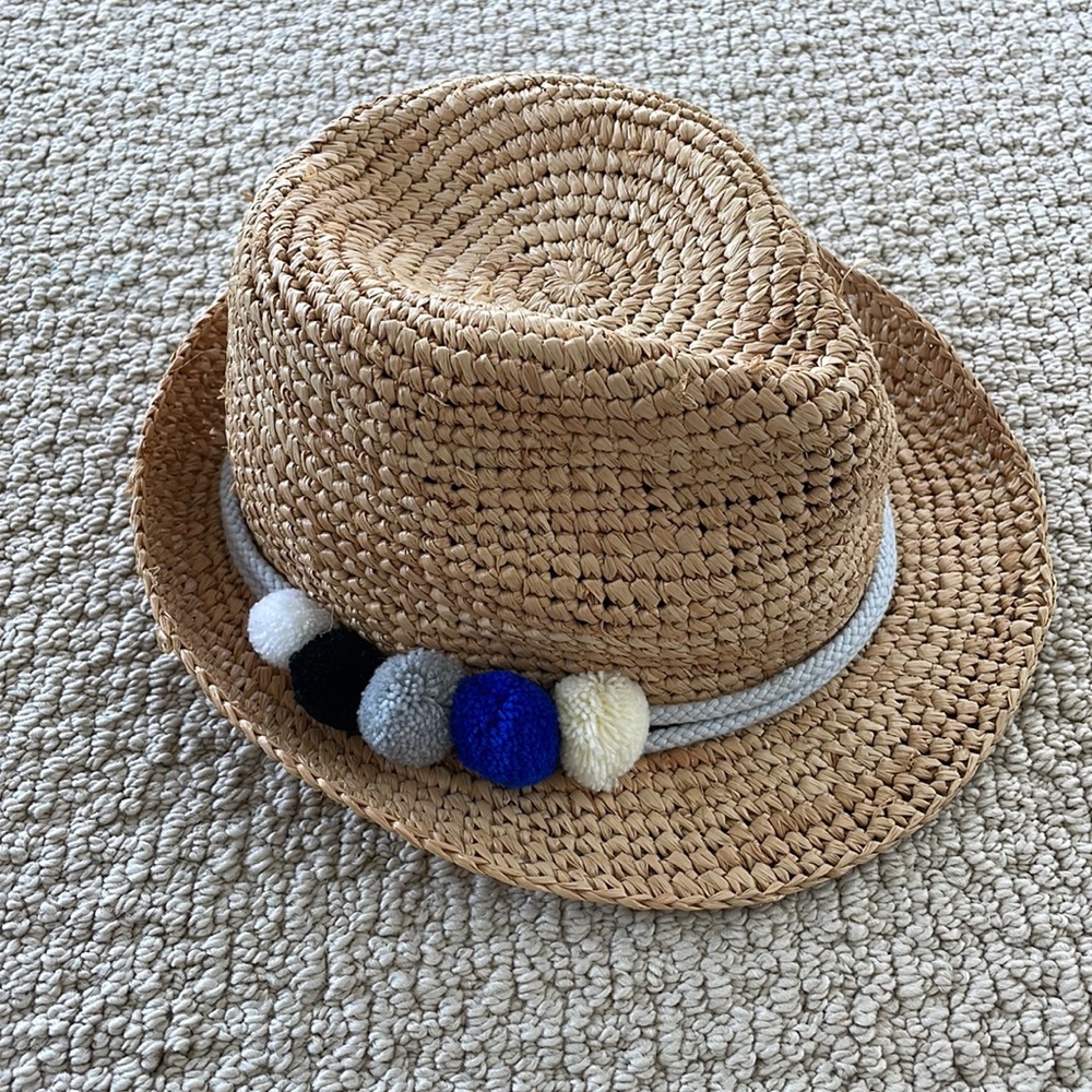 Tracy Watts Raffia Fedora with Pom Pom Detail, Sz S